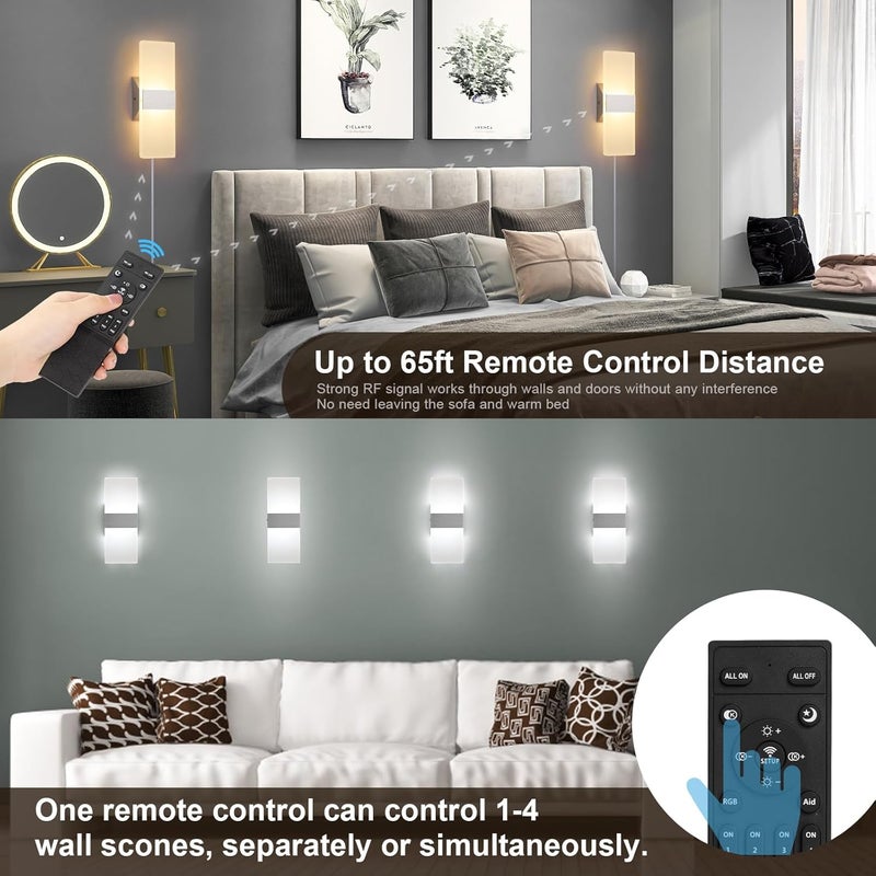 GOODATE Plug in Wall Sconces with Stepless Adjustable 3000K-6500K Colors and 10%-100% Brightness, Sconces Wall Lighting with Remote Control 12W Acrylic LED Wall Lamp with 6FT Plug in Cord, 2 Pack - Image 4